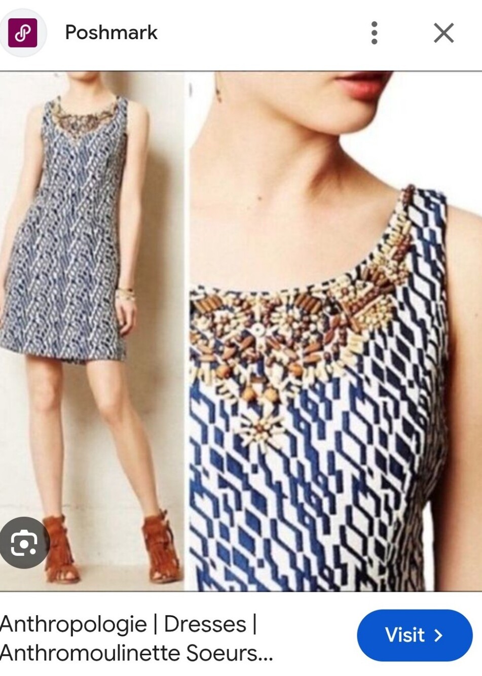 Anthropologie Moulinette SouresNavy and Cream Beaded Geometric Midi Dress 8
